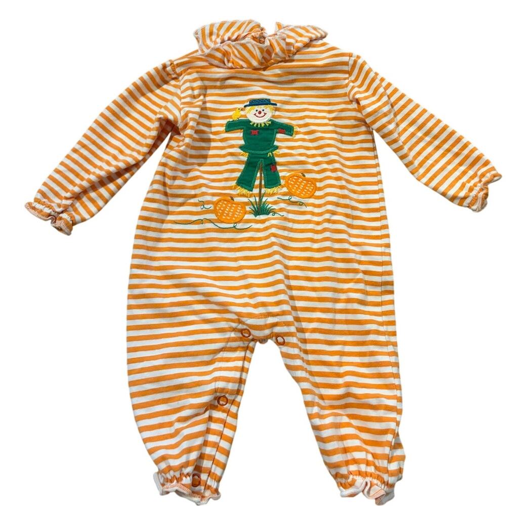 Bailey Boys Unisex 6M Orange Stripe Pumpkin Scarecrow Romper Fall Halloween‎ EUC